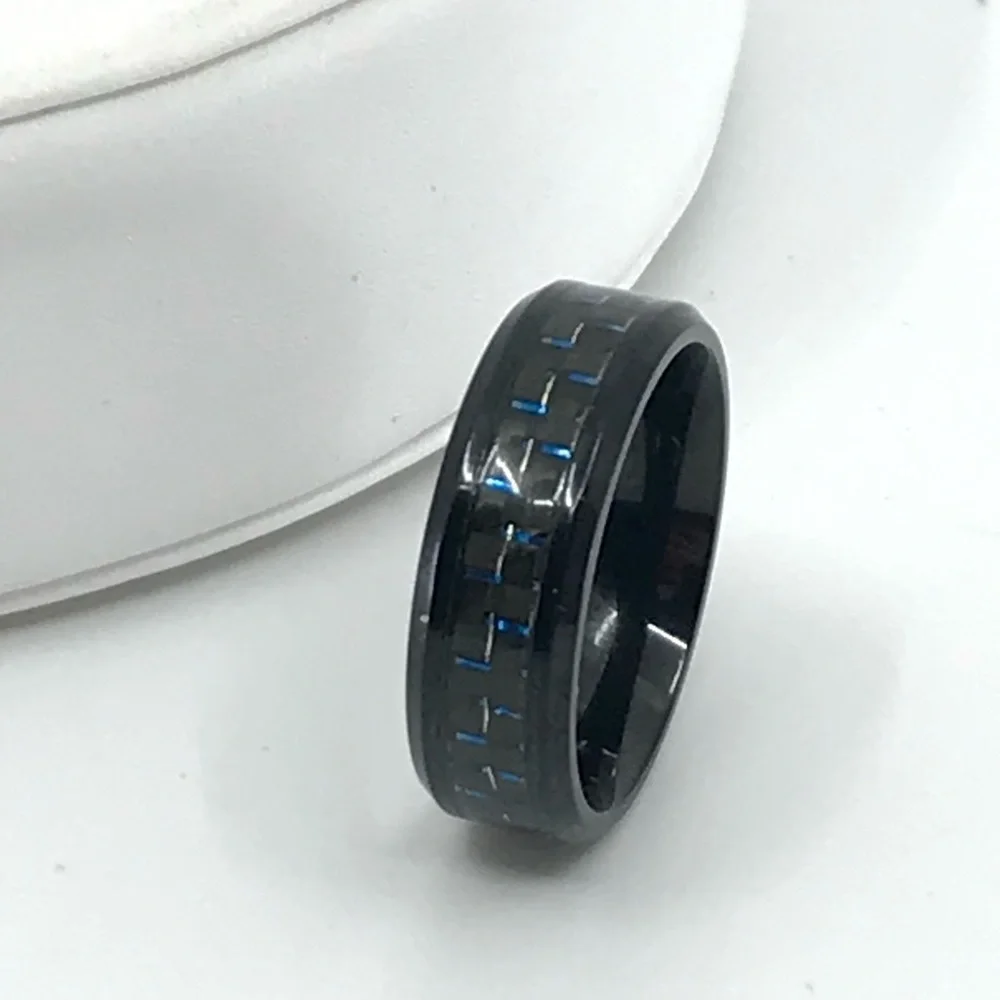 Mens Black Ceramic Carbon Fiber Stainless Steel Ring With Blue Accents Size 11.5